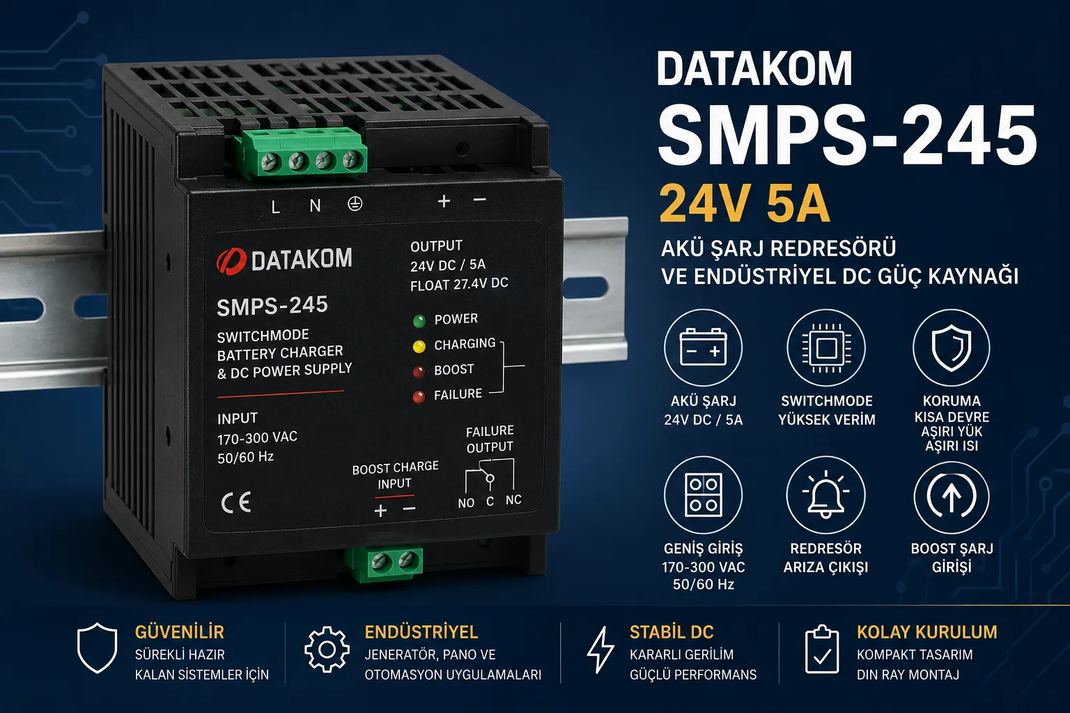 DATAKOM SMPS-245 24V 5A Akü Şarj Redresörü ve Endüstriyel DC Besleme